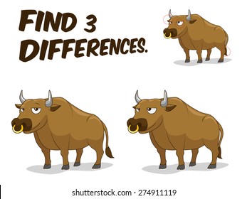 Find differences game bull vector illustration