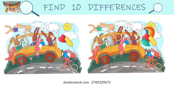 Find the differences game. Bunnies travel by bus and bike. Funny rabbits adventures. Sketch vector illustration.
