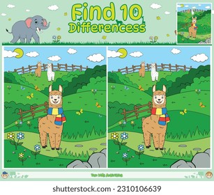 Finden Sie Differences Spiel Cartoon Alpaca mit Hintergrund jung Grün. Erziehungsspiel für Kinder. Spaß für Kinder zu spielen und zu lernen.