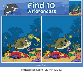 Find Differences game cartoon Angler Fish with background ocean. Education game for children. Fun activities for kids to play and learn.