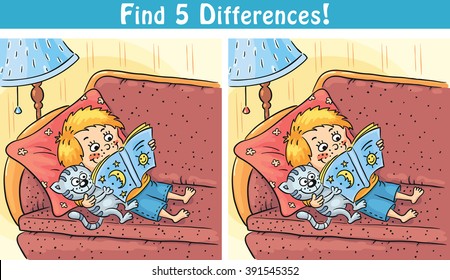 Find differences game with a cartoon boy reading a book