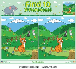 Find Differences game cartoon Cat with background young green. Education game for children. Fun activities for kids to play and learn.