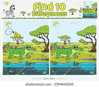 Find Differences game cartoon Crocodile with background Savanna. Education game for children. Fun activities for kids to play and learn.