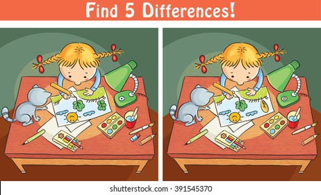 Find differences game with a cartoon girl drawing a picture 
