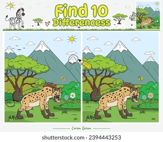 Find Differences game cartoon Hyena with background Savanna. Education game for children. Fun activities for kids to play and learn.