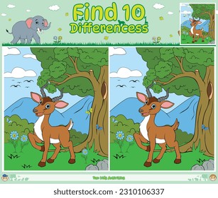 Find Differences game cartoon Impala with background young green. Education game for children. Fun activities for kids to play and learn.