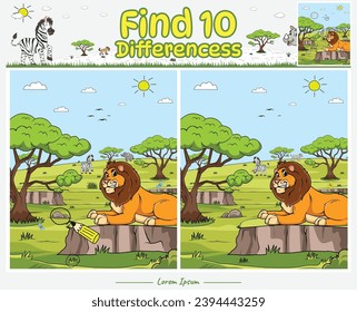 Find Differences game cartoon lion with background Savanna. Education game for children. Fun activities for kids to play and learn.