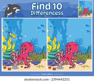 Find Differences game cartoon octopus with background ocean. Education game for children. Fun activities for kids to play and learn.