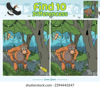 Find Differences game cartoon orangutan with background jungle. Education game for children. Fun activities for kids to play and learn.
