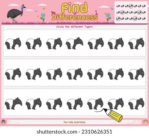 Find Differences game with cartoon Tapirs. Education game for children. Fun activities for kids to play and learn.