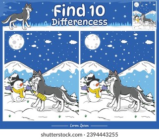 Viñeta del juego de las Diferencias Lobo con nieve de fondo soleado. Juego educativo para niños. Actividades divertidas para que los niños jueguen y aprendan.