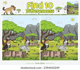 Find Differences game cartoon Zebra with background Savanna. Education game for children. Fun activities for kids to play and learn.