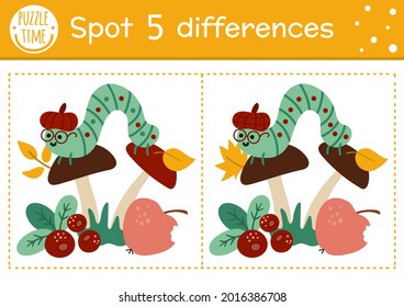 Find differences game for children. Autumn forest educational activity with caterpillar and mushroom. Printable worksheet with cute insect. Woodland puzzle for kids. Fall preschool sheet
