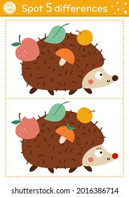 Find differences game for children. Autumn forest educational activity with hedgehog and mushroom. Printable worksheet with cute animal. Woodland puzzle for kids. Fall preschool sheet
