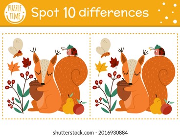 Find Differences Game For Children. Autumn Forest Educational Activity With Squirrel And Acorn. Printable Worksheet With Cute Animal. Woodland Puzzle For Kids. Fall Preschool Sheet
