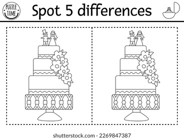 Find differences game for children. Black and white educational activity with cute wedding cake. Marriage printable coloring page for kids with funny dessert with bride and groom figurines
