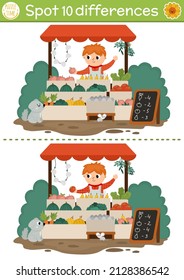 Find differences game for children with boy selling fruit and vegetables on market stall. On the farm educational activity with cute vendor. Farm puzzle for kids. Printable worksheet or page
