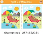 Find differences game for children. Capybara educational activity with cute animal sunbathing in sun lounger near pond. Puzzle for kids with capibara. Printable worksheet, page for logic, attention