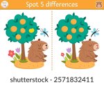 Find differences game for children. Capybara educational activity with cute animal sitting under tangerine tree. Puzzle for kids with capibara. Printable worksheet or page for logic, attention