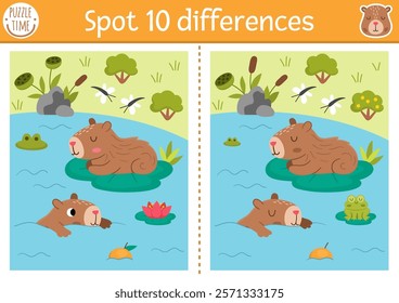 Find differences game for children. Capybara educational activity with cute animal swimming on water lily pad in pond. Puzzle for kids with capibara. Printable worksheet or page for logic, attention