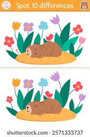 Find differences game for children. Capybara educational activity with cute animal lying on flower clearing. Puzzle for kids with capibara. Printable worksheet or page for logic, attention