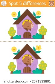 Find differences game for children. Capybara educational activity with cute animal in the purple house. Puzzle for kids with capibara. Printable worksheet or page for logic, attention