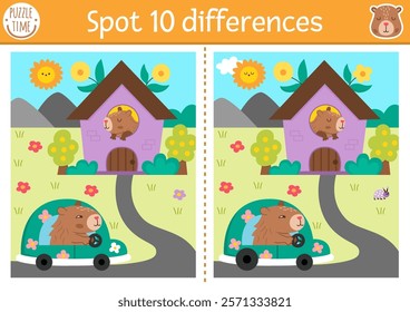 Find differences game for children. Capybara educational activity with cute animal driving car to his house. Puzzle for kids with capibara. Printable worksheet or page for logic, attention