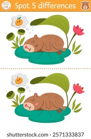 Find differences game for children. Capybara educational activity with cute animal sitting on water lily pad. Puzzle for kids with capibara. Printable worksheet or page for logic, attention