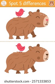 Find differences game for children. Capybara educational activity with cute animal with bird on his back. Puzzle for kids with capibara. Printable worksheet or page for logic, attention