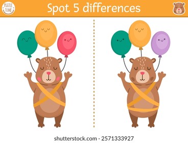 Find differences game for children. Capybara educational activity with cute animal flying on balloons. Puzzle for kids with capibara. Printable worksheet or page for logic, attention