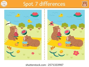 Find differences game for children. Capybara educational activity with cute animal having picknick near the pond. Puzzle for kids with capibara. Printable worksheet or page for logic, attention