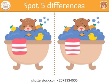 Find differences game for children. Capybara educational activity with cute animal taking bubbly bath with tangerines. Puzzle for kids with capibara. Printable worksheet, page for logic, attention