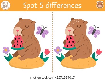 Find differences game for children. Capybara educational activity with cute animal eating watermelon. Puzzle for kids with capibara. Printable worksheet or page for logic, attention