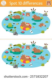 Find differences game for children. Capybara educational activity with cute animals swimming, having fun in pond. Puzzle for kids with capibara. Printable worksheet or page for logic, attention