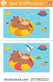 Find differences game for children. Capybara educational activity with cute animal swimming on floatie in pond. Puzzle for kids with capibara. Printable worksheet or page for logic, attention