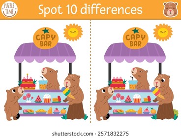 Find differences game for children. Capybara educational activity with cute animal eating and drinking in dessert cart. Puzzle for kids with capibara. Printable worksheet or page for logic, attention