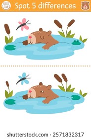 Find differences game for children. Capybara educational activity with cute animal swimming in pond. Puzzle for kids with capibara. Printable worksheet or page for logic, attention