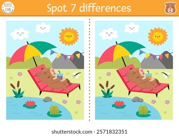 Find differences game for children. Capybara educational activity with cute animal sunbathing in sun lounger near pond. Puzzle for kids with capibara. Printable worksheet, page for logic, attention