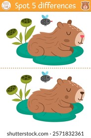 Find differences game for children. Capybara educational activity with cute animal sitting on water lily pad. Puzzle for kids with capibara. Printable worksheet or page for logic, attention