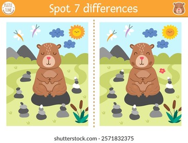 Find differences game for children. Capybara educational activity with cute animal meditating in stone garden. Puzzle for kids with capibara. Printable worksheet or page for logic, attention