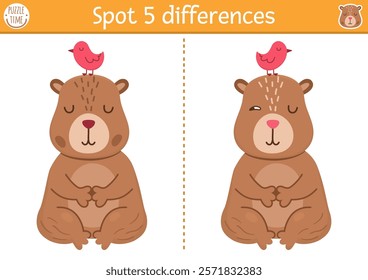 Find differences game for children. Capybara educational activity with cute animal meditating with bird on his head. Puzzle for kids with capibara. Printable worksheet or page for logic, attention