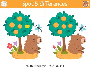 Find differences game for children. Capybara educational activity with cute animal sitting under tangerine tree. Puzzle for kids with capibara. Printable worksheet or page for logic, attention