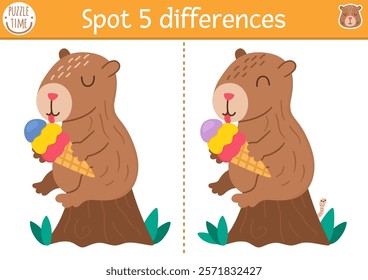 Find differences game for children. Capybara educational activity with cute animal sitting on stump, eating ice-cream. Puzzle for kids with capibara. Printable worksheet, page for logic, attention