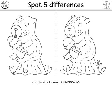 Find differences game for children. Capybara black and white educational activity with animal sitting on stump, eating ice-cream. Line puzzle for kids with capibara. Printable worksheet, coloring page