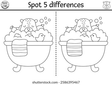 Find differences game for children. Capybara black and white activity with animal taking bubbly bath with tangerines. Line puzzle for kids with capibara. Printable worksheet, coloring page
