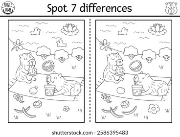 Find differences game for children. Capybara black and white educational activity with animal having picknick near pond. Line puzzle for kids with capibara. Printable worksheet, coloring page