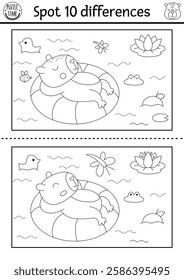 Find differences game for children. Capybara black and white educational activity with animal swimming on floaty in pond. Puzzle for kids with capibara. Printable worksheet or coloring page
