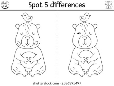 Find differences game for children. Capybara black and white educational activity with animal meditating with bird. Puzzle for kids with capibara. Printable worksheet, coloring page
