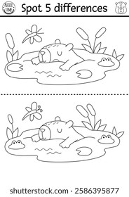 Find differences game for children. Capybara black and white educational activity with cute animal swimming in pond. Line puzzle for kids with capibara. Printable worksheet or coloring page
