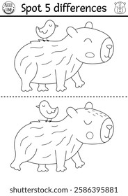 Find differences game for children. Capybara black and white educational activity with cute animal with bird on his back. Line puzzle for kids with capibara. Printable worksheet or coloring page
